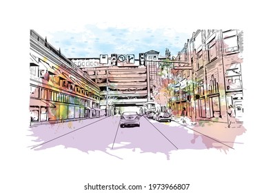 Building view with landmark of Eugene is the 
city in Oregon. Watercolor splash with hand drawn sketch illustration in vector.