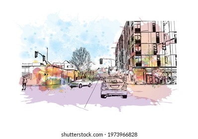 Building view with landmark of Eugene is the 
city in Oregon. Watercolor splash with hand drawn sketch illustration in vector.