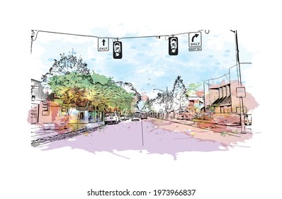 Building view with landmark of Eugene is the 
city in Oregon. Watercolor splash with hand drawn sketch illustration in vector.