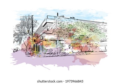 Building view with landmark of Eugene is the 
city in Oregon. Watercolor splash with hand drawn sketch illustration in vector.