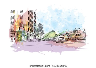 Building view with landmark of Eugene is the 
city in Oregon. Watercolor splash with hand drawn sketch illustration in vector.