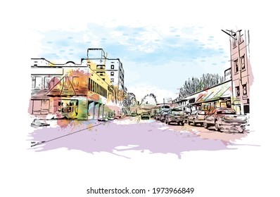 Building view with landmark of Eugene is the 
city in Oregon. Watercolor splash with hand drawn sketch illustration in vector.