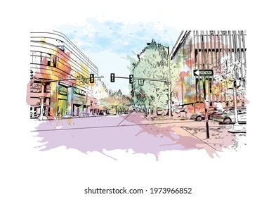 Building view with landmark of Eugene is the 
city in Oregon. Watercolor splash with hand drawn sketch illustration in vector.