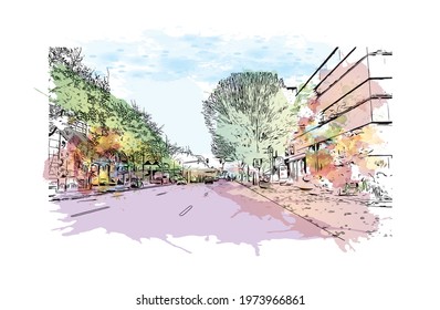 Building view with landmark of Eugene is the 
city in Oregon. Watercolor splash with hand drawn sketch illustration in vector.
