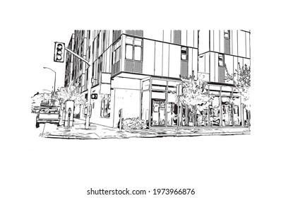 Building view with landmark of Eugene is the 
city in Oregon. Hand drawn sketch illustration in vector.