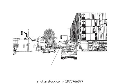 Building view with landmark of Eugene is the 
city in Oregon. Hand drawn sketch illustration in vector.