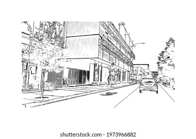 Building view with landmark of Eugene is the 
city in Oregon. Hand drawn sketch illustration in vector.