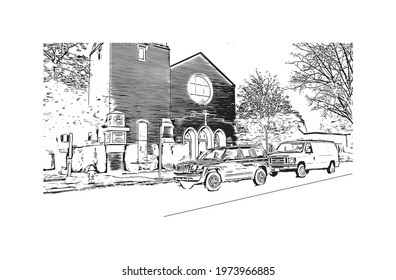 Building view with landmark of Eugene is the 
city in Oregon. Hand drawn sketch illustration in vector.