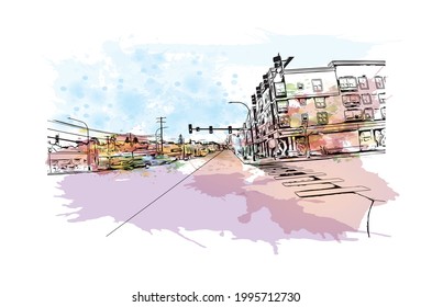 La vista de edificio con un punto de referencia del Everett es la 
ciudad en el estado de Washington. Salto de color de agua con ilustración de esbozo dibujada a mano en vector.