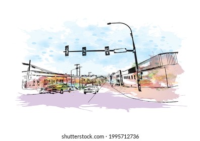 Building view with landmark of Everett is the 
city in Washington State. Watercolor splash with hand drawn sketch illustration in vector.