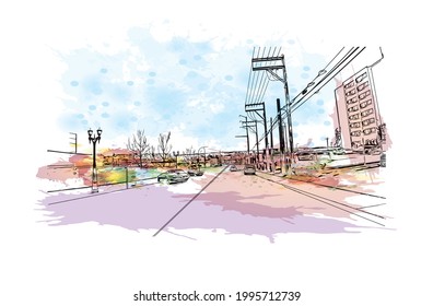 Building view with landmark of Everett is the 
city in Washington State. Watercolor splash with hand drawn sketch illustration in vector.