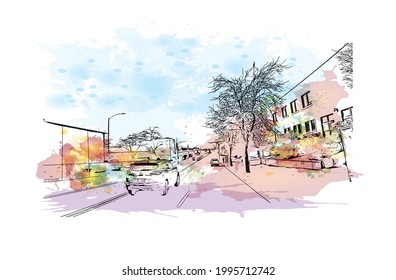 Building view with landmark of Everett is the 
city in Washington State. Watercolor splash with hand drawn sketch illustration in vector.