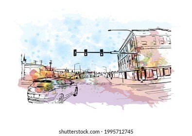 La vista de edificio con un punto de referencia del Everett es la 
ciudad en el estado de Washington. Salto de color de agua con ilustración de esbozo dibujada a mano en vector.