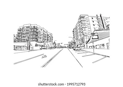 Building view with landmark of Everett is the 
city in Washington State. Hand drawn sketch illustration in vector.