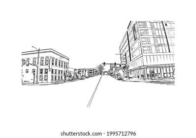 La vista de edificio con un punto de referencia del Everett es la 
ciudad en el estado de Washington. Dibujo a mano de ilustración de esbozo en vector.