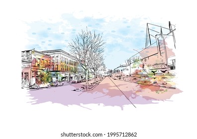 Building view with landmark of Everett is the 
city in Washington State. Watercolor splash with hand drawn sketch illustration in vector.