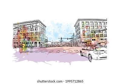 Building view with landmark of Everett is the 
city in Washington State. Watercolor splash with hand drawn sketch illustration in vector.