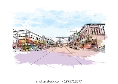 Building view with landmark of Everett is the 
city in Washington State. Watercolor splash with hand drawn sketch illustration in vector.