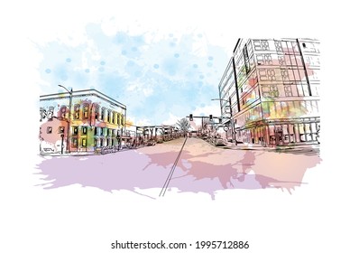 La vista de edificio con un punto de referencia del Everett es la 
ciudad en el estado de Washington. Salto de color de agua con ilustración de esbozo dibujada a mano en vector.