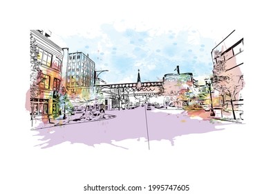 Building view with landmark of Everett is the 
city in Washington State. Watercolor splash with hand drawn sketch illustration in vector.