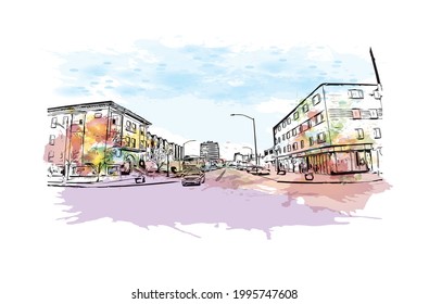 Building view with landmark of Everett is the 
city in Washington State. Watercolor splash with hand drawn sketch illustration in vector.