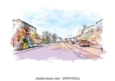 La vista de edificio con un punto de referencia del Everett es la 
ciudad en el estado de Washington. Salto de color de agua con ilustración de esbozo dibujada a mano en vector.