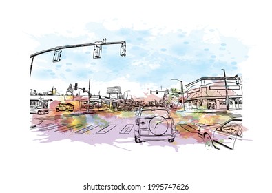 Building view with landmark of Everett is the 
city in Washington State. Watercolor splash with hand drawn sketch illustration in vector.