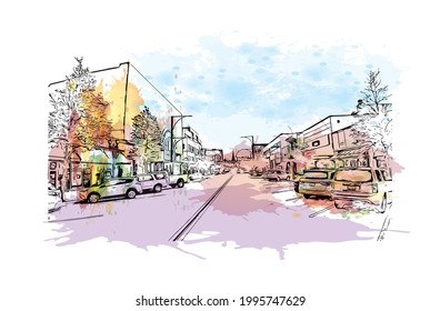 Building view with landmark of Everett is the 
city in Washington State. Watercolor splash with hand drawn sketch illustration in vector.