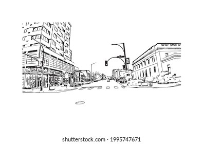 La vista de edificio con un punto de referencia del Everett es la 
ciudad en el estado de Washington. Dibujo a mano de ilustración de esbozo en vector.