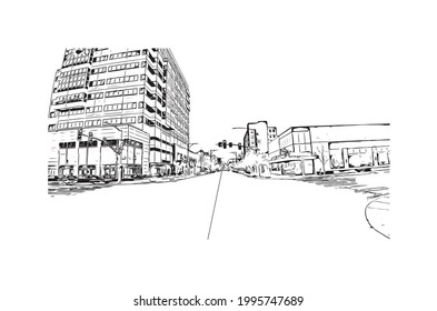 Building view with landmark of Everett is the 
city in Washington State. Hand drawn sketch illustration in vector.