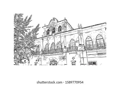 Building view with landmark of Evora is the capital of Portugal's south-central Alentejo region. Hand drawn sketch illustration in vector.