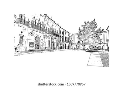 Building view with landmark of Evora is the capital of Portugal's south-central Alentejo region. Hand drawn sketch illustration in vector.