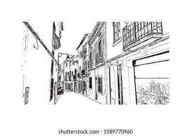 Building view with landmark of Evora is the capital of Portugal's south-central Alentejo region. Hand drawn sketch illustration in vector.