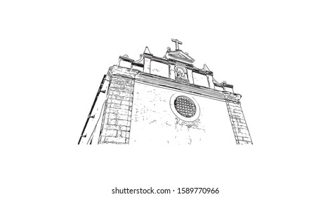 Building view with landmark of Evora is the capital of Portugal's south-central Alentejo region. Hand drawn sketch illustration in vector.