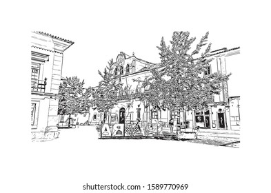 Building view with landmark of Evora is the capital of Portugal's south-central Alentejo region. Hand drawn sketch illustration in vector.