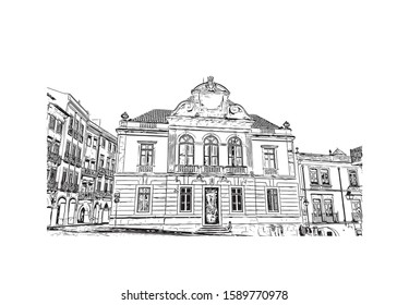 Building view with landmark of Evora is the capital of Portugal's south-central Alentejo region. Hand drawn sketch illustration in vector.