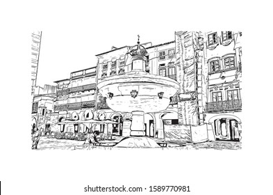 Building view with landmark of Evora is the capital of Portugal's south-central Alentejo region. Hand drawn sketch illustration in vector.