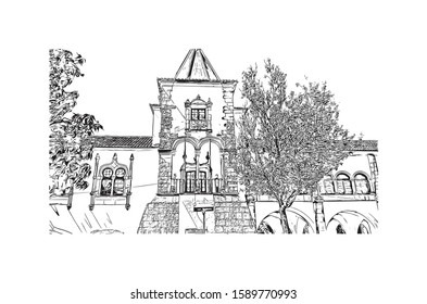 Building view with landmark of Evora is the capital of Portugal's south-central Alentejo region. Hand drawn sketch illustration in vector.