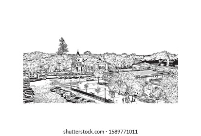 Building view with landmark of Evora is the capital of Portugal's south-central Alentejo region. Hand drawn sketch illustration in vector.