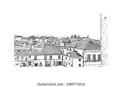 Building view with landmark of Evora is the capital of Portugal's south-central Alentejo region. Hand drawn sketch illustration in vector.