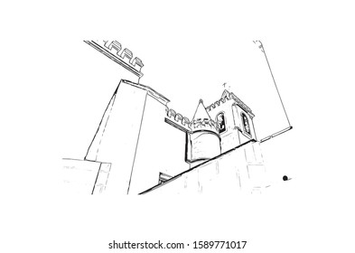 Building view with landmark of Evora is the capital of Portugal's south-central Alentejo region. Hand drawn sketch illustration in vector.