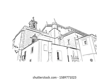 Building view with landmark of Evora is the capital of Portugal's south-central Alentejo region. Hand drawn sketch illustration in vector.