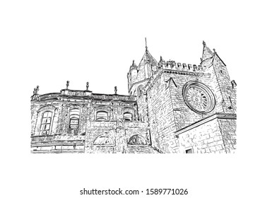 Building view with landmark of Evora is the capital of Portugal's south-central Alentejo region. Hand drawn sketch illustration in vector.