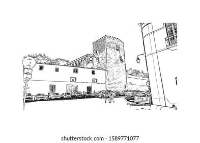 Building view with landmark of Evora is the capital of Portugal's south-central Alentejo region. Hand drawn sketch illustration in vector.