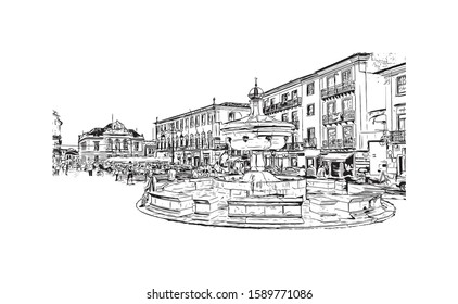 Building view with landmark of Evora is the capital of Portugal's south-central Alentejo region. Hand drawn sketch illustration in vector.