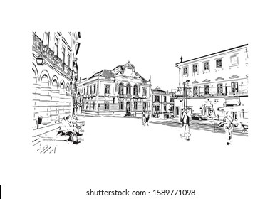 Building view with landmark of Evora is the capital of Portugal's south-central Alentejo region. Hand drawn sketch illustration in vector.