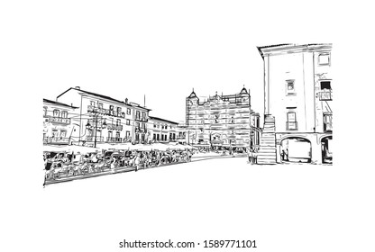 Building view with landmark of Evora is the capital of Portugal's south-central Alentejo region. Hand drawn sketch illustration in vector.