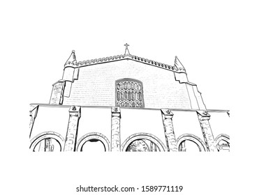 Building view with landmark of Evora is the capital of Portugal's south-central Alentejo region. Hand drawn sketch illustration in vector.