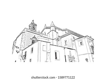 Building view with landmark of Evora is the capital of Portugal's south-central Alentejo region. Hand drawn sketch illustration in vector.