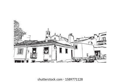 Building view with landmark of Evora is the capital of Portugal's south-central Alentejo region. Hand drawn sketch illustration in vector.